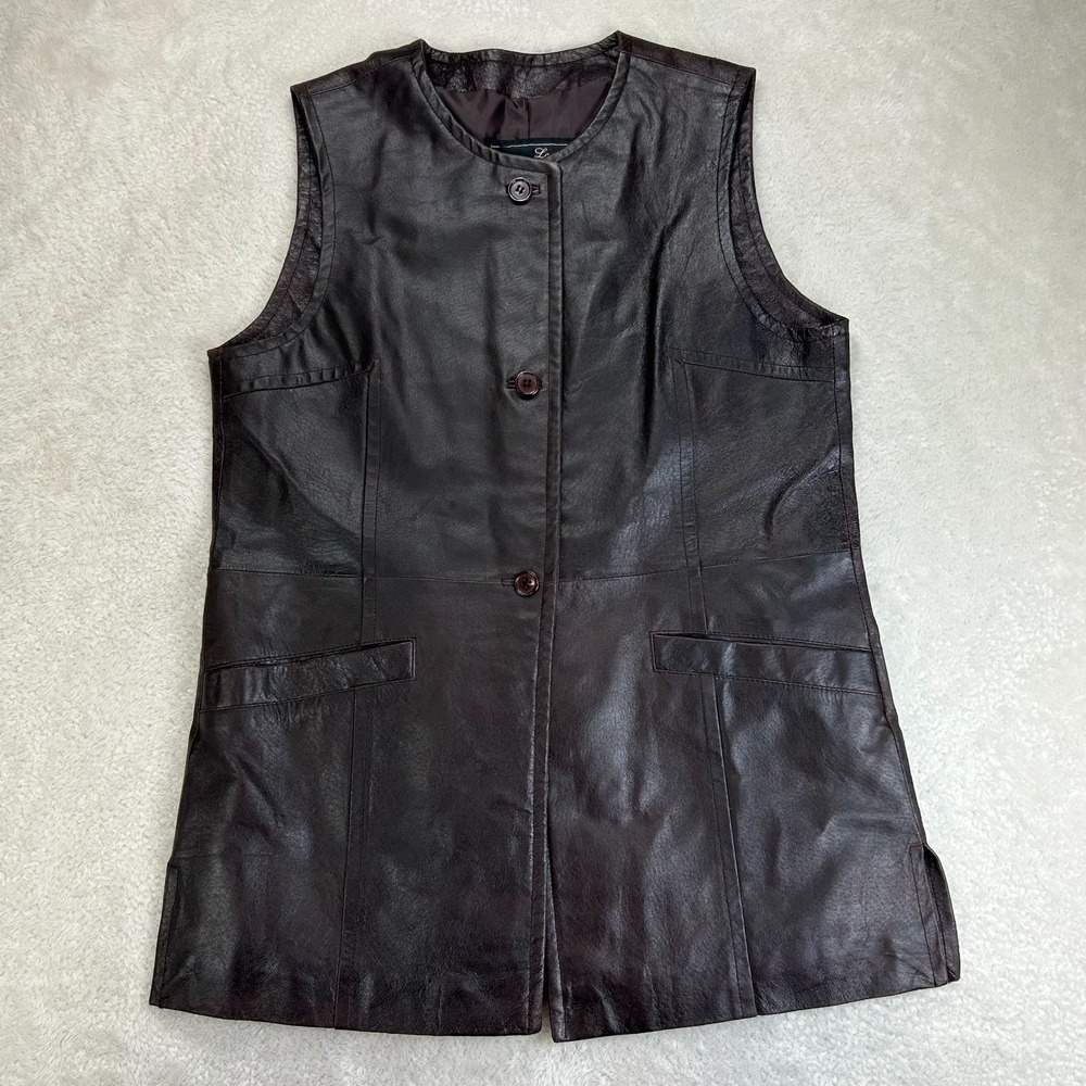 Terry Lewis Classic Luxuries Vest Womens M Dark Brown Real Leather Button Front